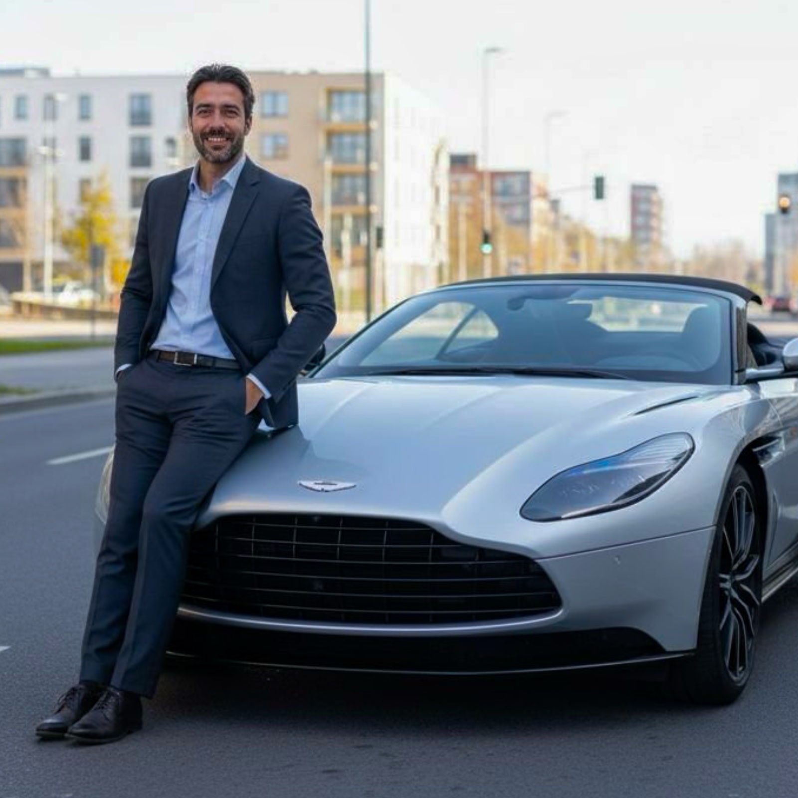 Shopper beside a silver Aston Martin DB11 Volante