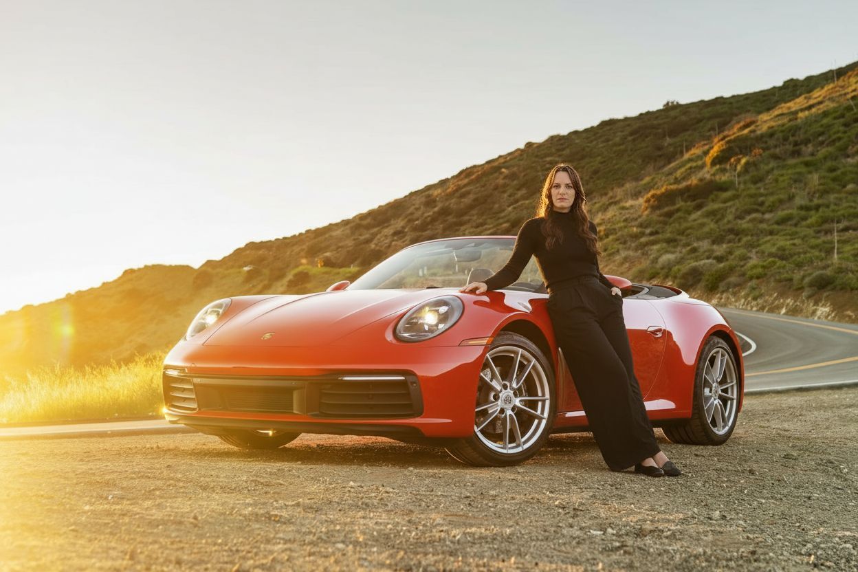 Shopper beside a red Porsche 911 Cabriolet at sunset