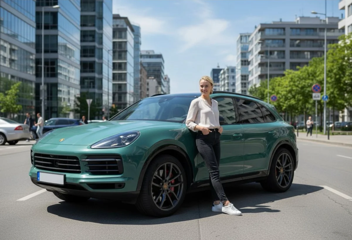 AI-generated photo of a shopper standing beside a green Porsche Cayenne
