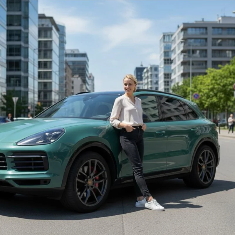 Shopper's shared AI photo with a luxury vehicle, at the center of their social network